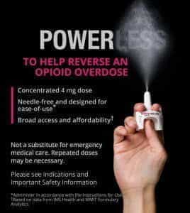 An informational poster for the Narcan Nasal Spray, which contains naloxone